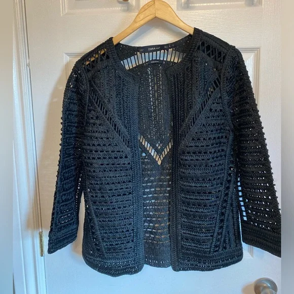 Limited Edition Zara Black Knit Heavy crochet Blazer Cardigan Boho Black Small - Picture 1 of 7